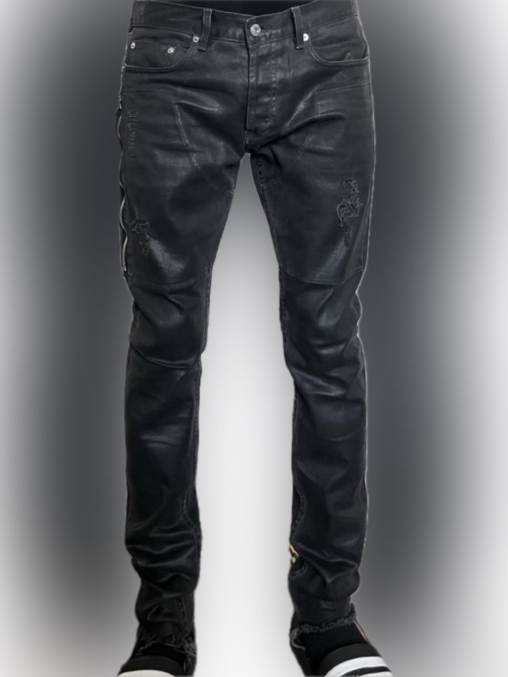 NWOT Mr. Completely Black Slim Jean raw hem Wax Coat selvedge carpenter painters